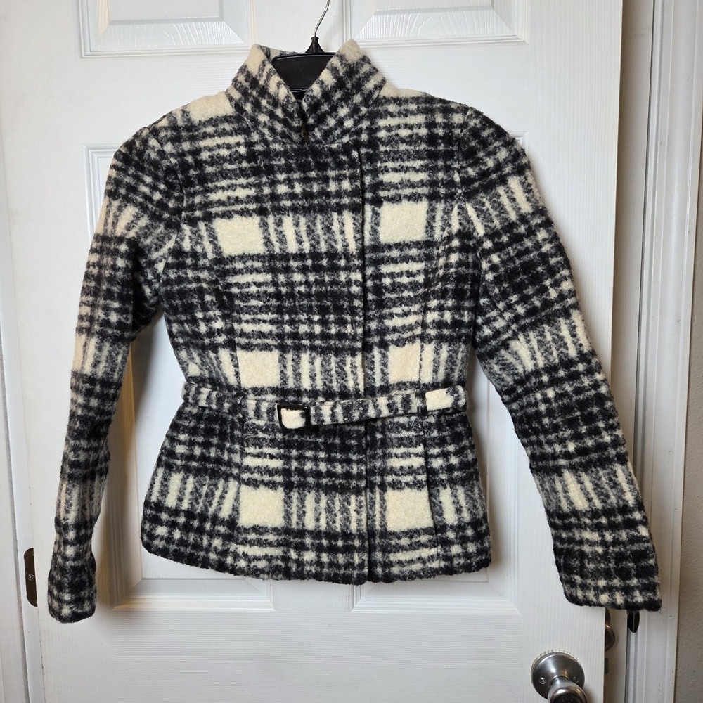 Banana Republic sz S wool‎ plaid belted jacket coat casual preppy chic warm